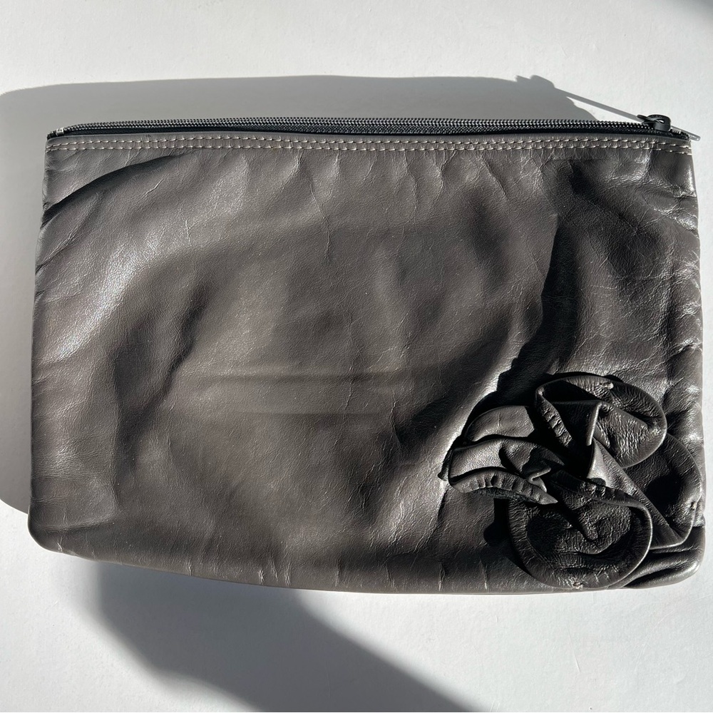 Vintage Gray Leather Letisse Clutch Pouch with Rose Detail